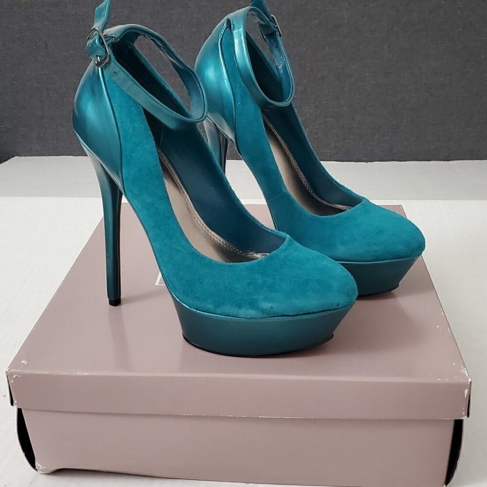 Bakers Pump‎ Heels 6.5 M Teal Tandy Stilettos Faux Suede Patent Leather Platform